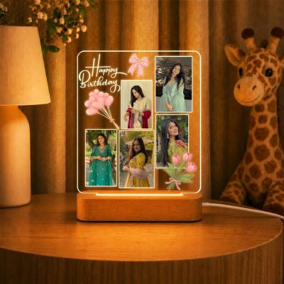 Happy Birthday LED Photo Collage Lamp for Girls & Women Personalized Birthday Photo Frame Night Light with 5 Photo  Warm White Decorative Table Lamp & Birthday Gift